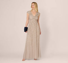 Cap Sleeve Beaded Sequin Floral Gown In Marble