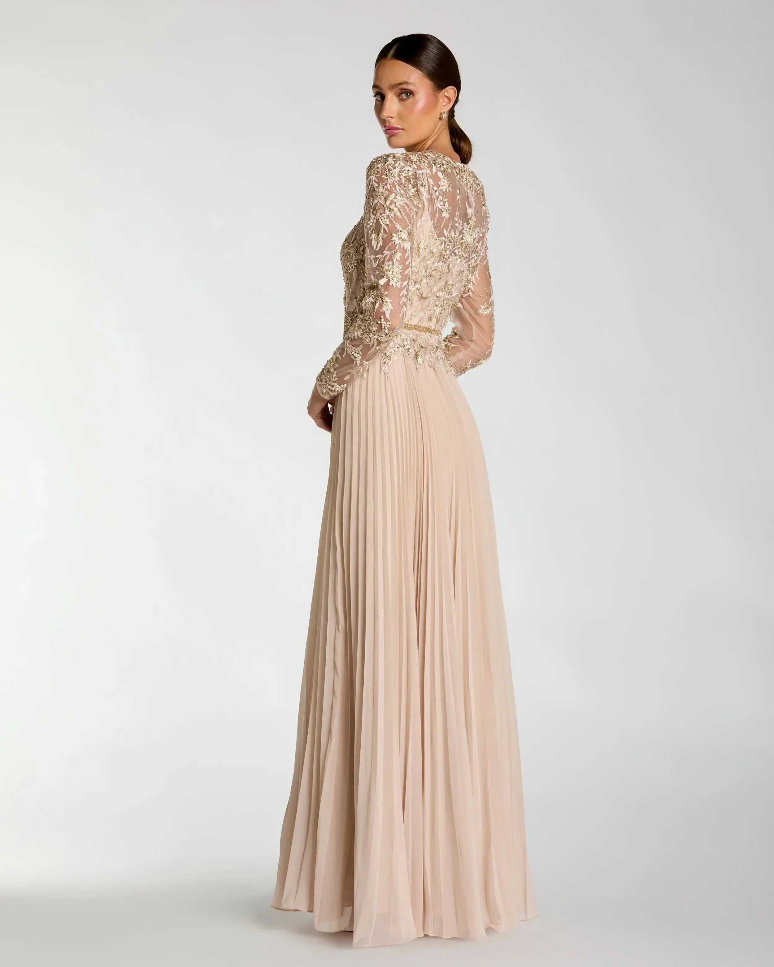 Petite Beige Long Sleeve Chiffon Embellished Gown