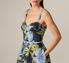 Floral Jacquard Sweetheart Scalloped Ankle Dress In Blue Multi