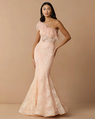 Pink One Shoulder Feather Embellished Mermaid Gown