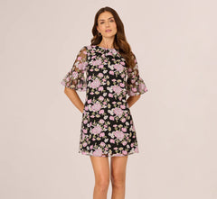 Bell Sleeve Floral Embroidered Short Dress In Black Multi