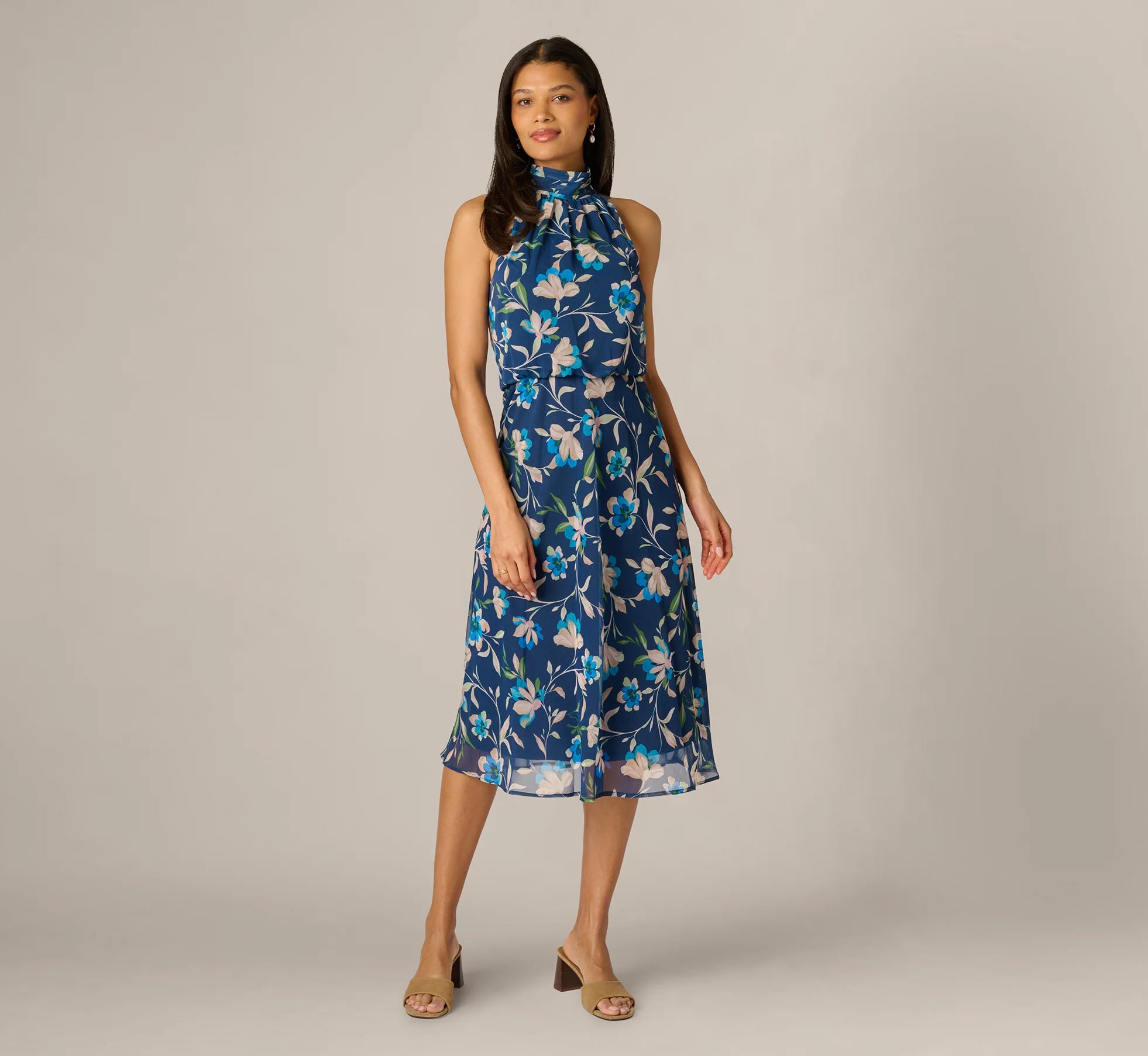 Floral Crinkle Chiffon Halter Midi Dress In Navy Multi