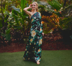 One Shoulder Long Sleeve Floral Satin Gown In Black Multi