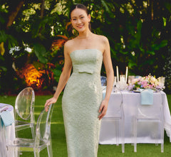 Strapless Metallic Jacquard Column Gown In Mint Glaze