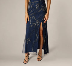 One Shoulder Floral Sequin Bead Gown In Light Navy