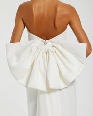 White Strapless Crepe Sheath Dress with Bow