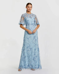 Floral Lace Gown with Sheer Flutter Sleeves