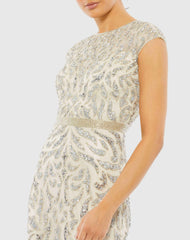 White and Silver Embellished High Neck Cap Sleeve Gown