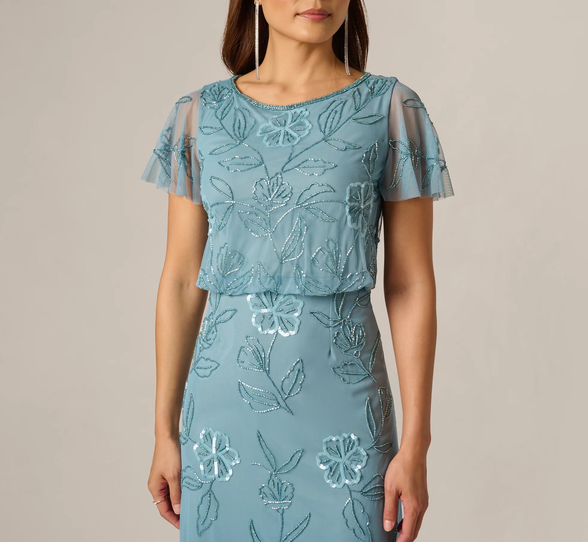 Flutter Sleeve Floral Beaded Blouson Gown In Air Sky