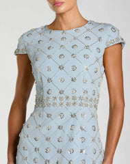 Blue Hand Embellished High Neck Midi Dress