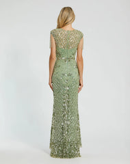 Petite Green High Neck Beaded Fringe Fitted Gown
