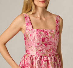 Metallic Floral Jacquard Ruffle Midi Dress In Pink Multi