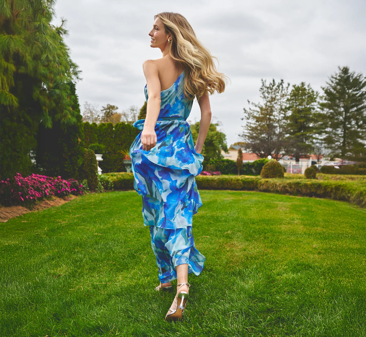 One Shoulder Tiered Floral Chiffon Gown In Blue Multi