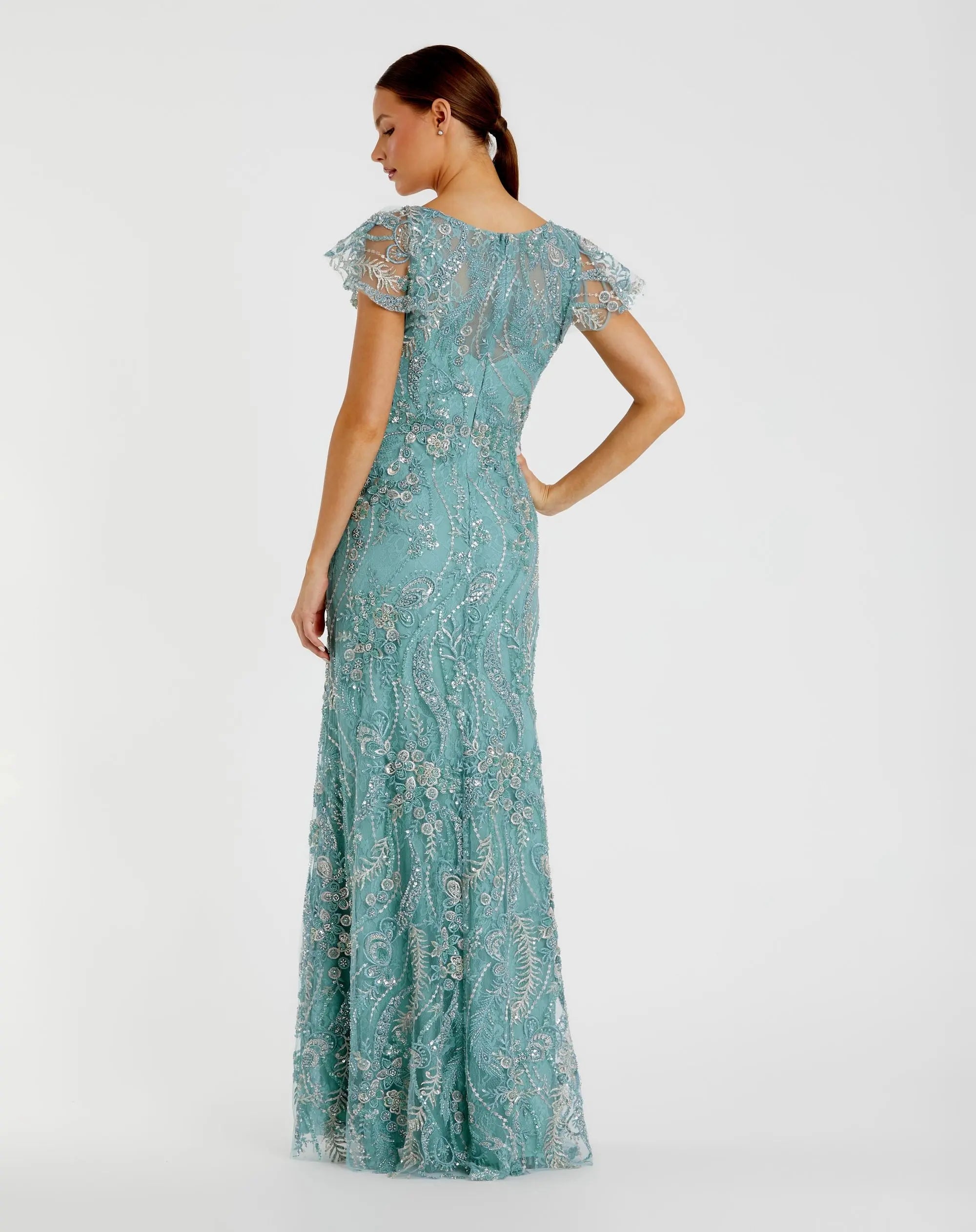 Blue V Neck Flutter Sleeve Embroidered Lace Gown
