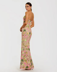 Beige Multi Floral Rhinestone Embroidered Column Gown