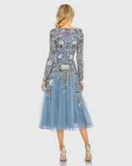 Blue Hand Embellished Floral V-Neck Long Sleeve Dress