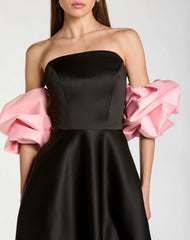 Black Satin Off The Shoulder Puff Sleeve Ball Gown