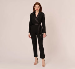 Long Sleeve Crepe Jumpsuit With Tuxedo Collar In Black