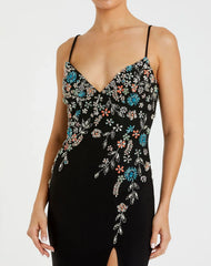Black Multi Color Beaded Floral Cami Gown - FINAL SALE