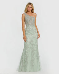 Green One Shoulder Hand Embellished Evening Gown
