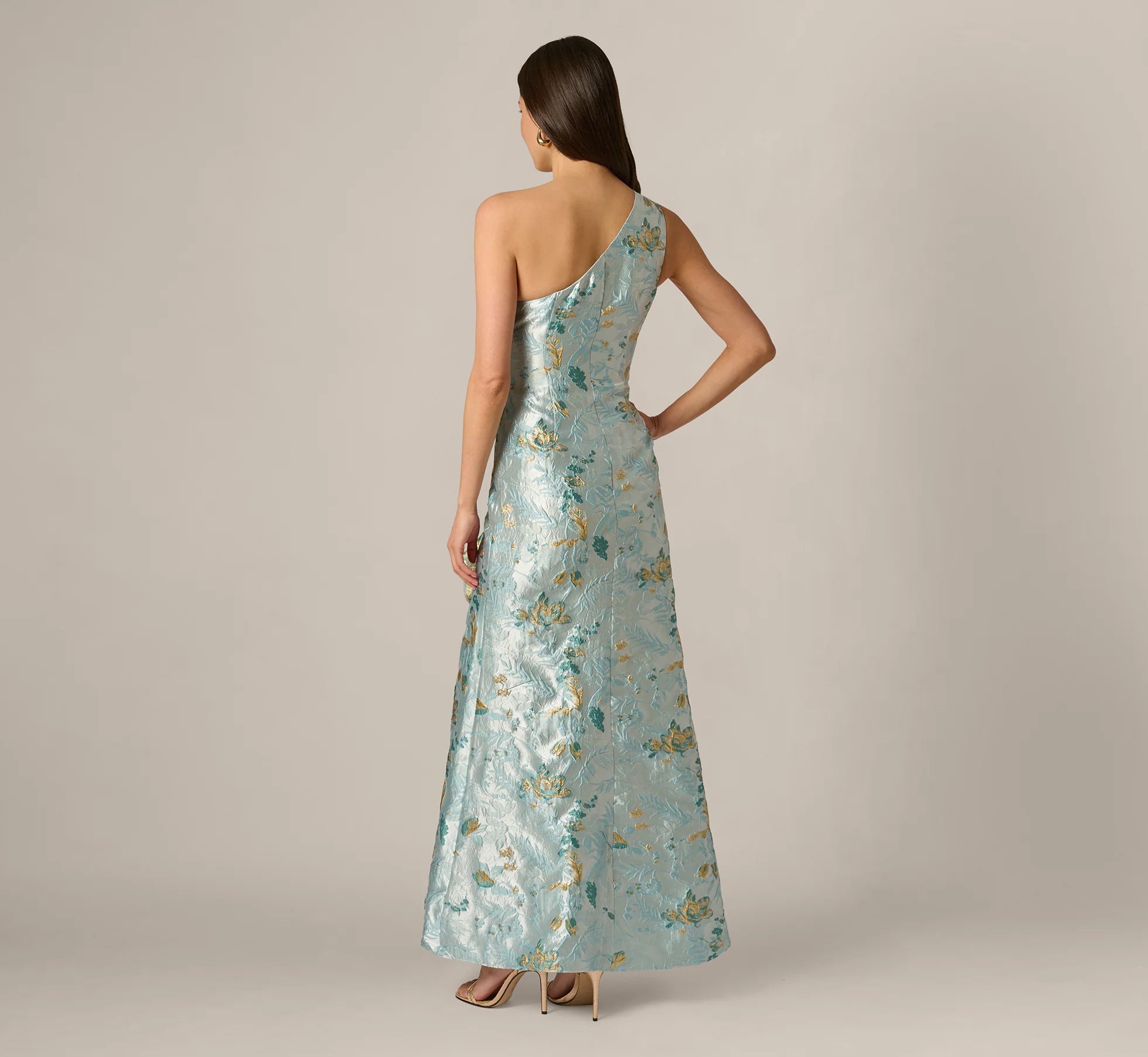 Petite One Shoulder Floral Jacquard Rosette Gown In Blue Multi