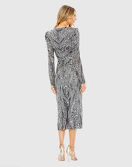 Silver Long Sleeve V Neck Beaded Cocktail Dress