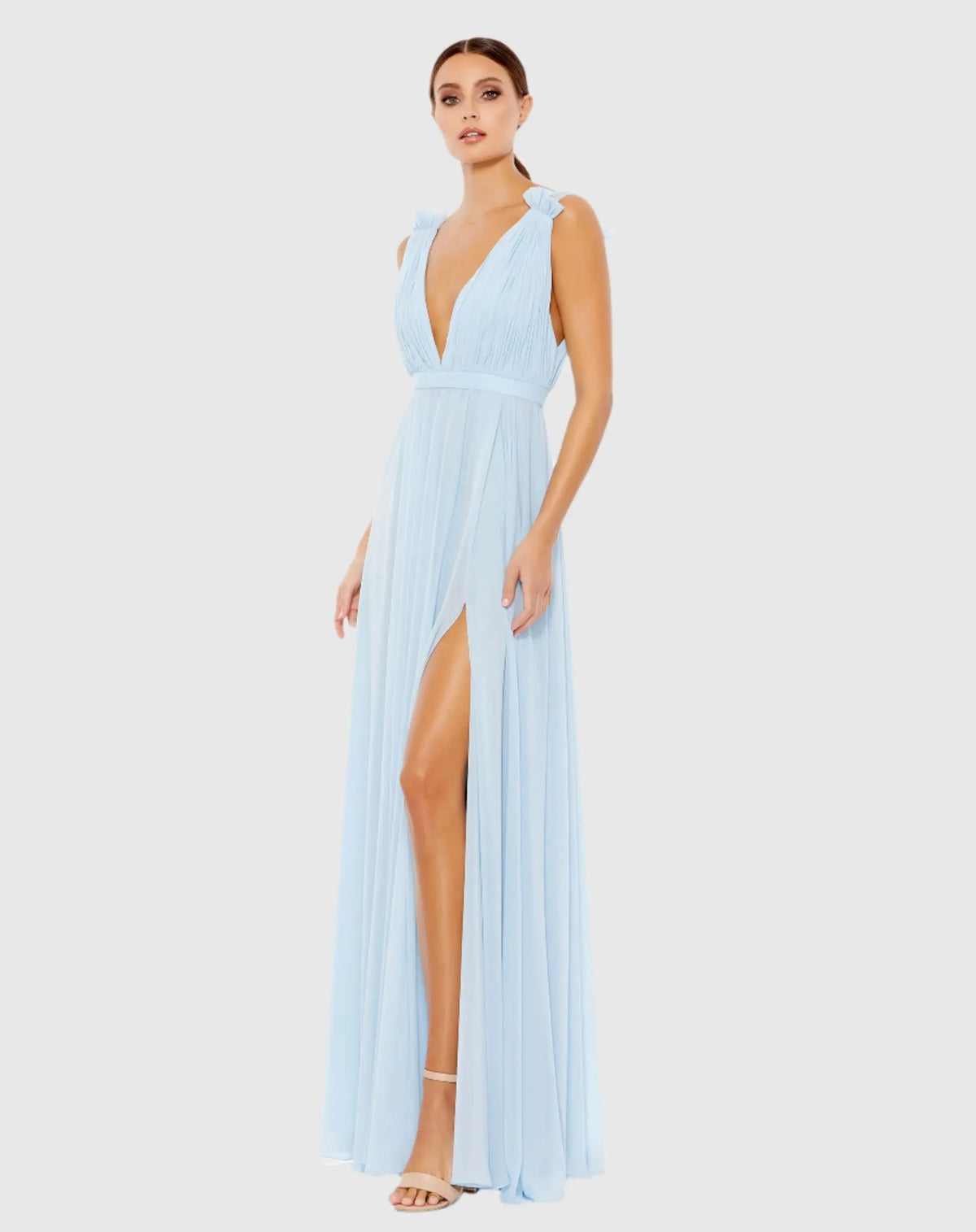 Petite Blue Pleated Chiffon Sleeveless V-Neck Gown