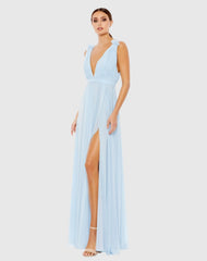 Petite Blue Pleated Chiffon Sleeveless V-Neck Gown