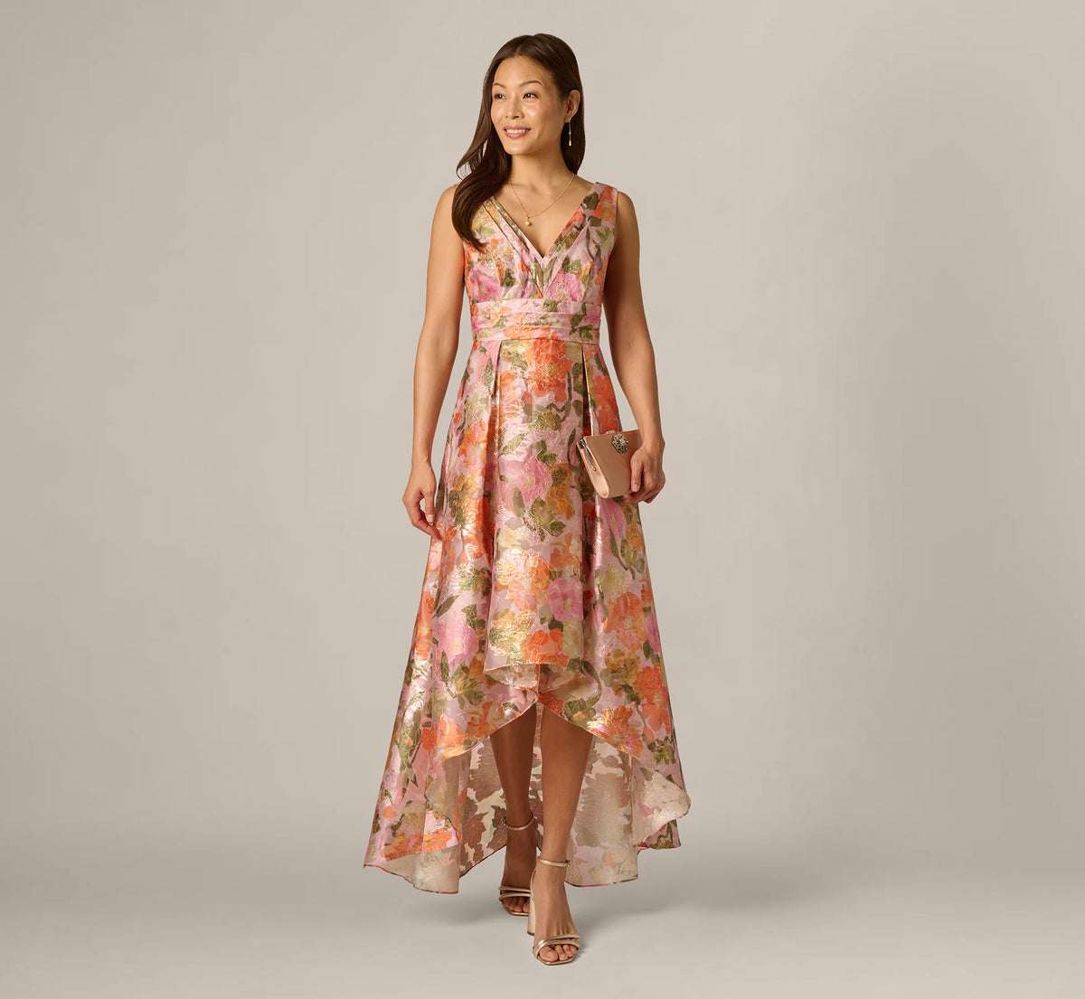 Metallic Floral Jacquard High Low Gown In Yellow Orange Multi