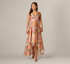 Metallic Floral Jacquard High Low Gown In Yellow Orange Multi
