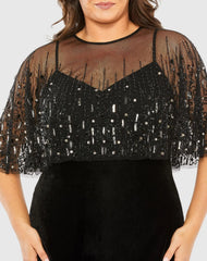 Black Velvet Trumpet Gown With Embellished Cape (Plus)