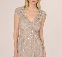 Cap Sleeve Beaded Sequin Floral Gown In Marble