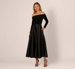 Off Shoulder Long Sleeve Mikado Combo Gown In Black