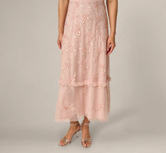 Flutter Sleeve Ruffle Floral Beaded Midi Dress In Blush Whisper