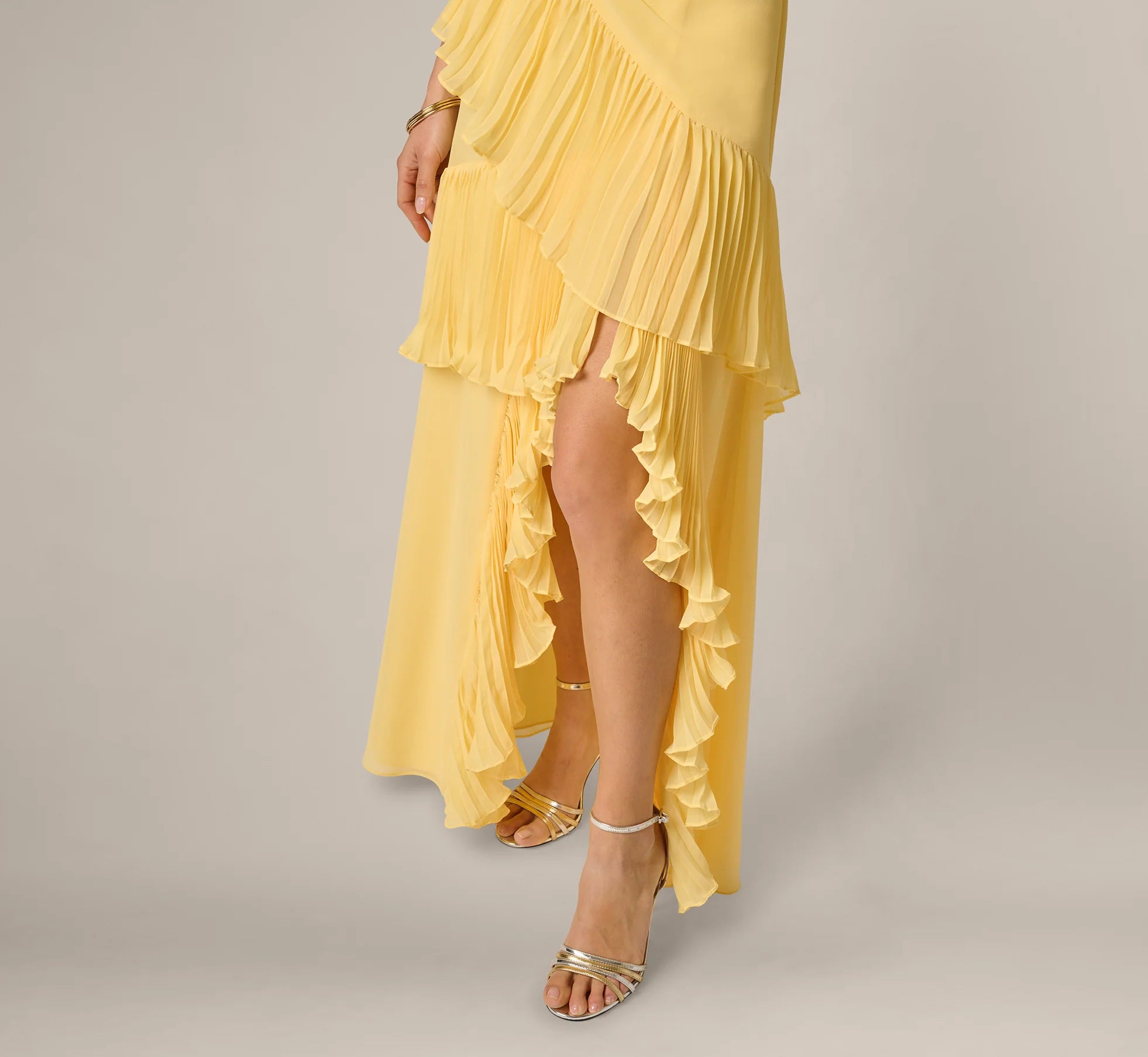 One Shoulder Pleated Flounce High Low Gown In Butter Yellow