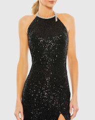Black Sequined High Neck Rhinestone Trim Column Gown