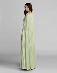 Light Green Pleated Charmeuse V Neck Gown With Cape