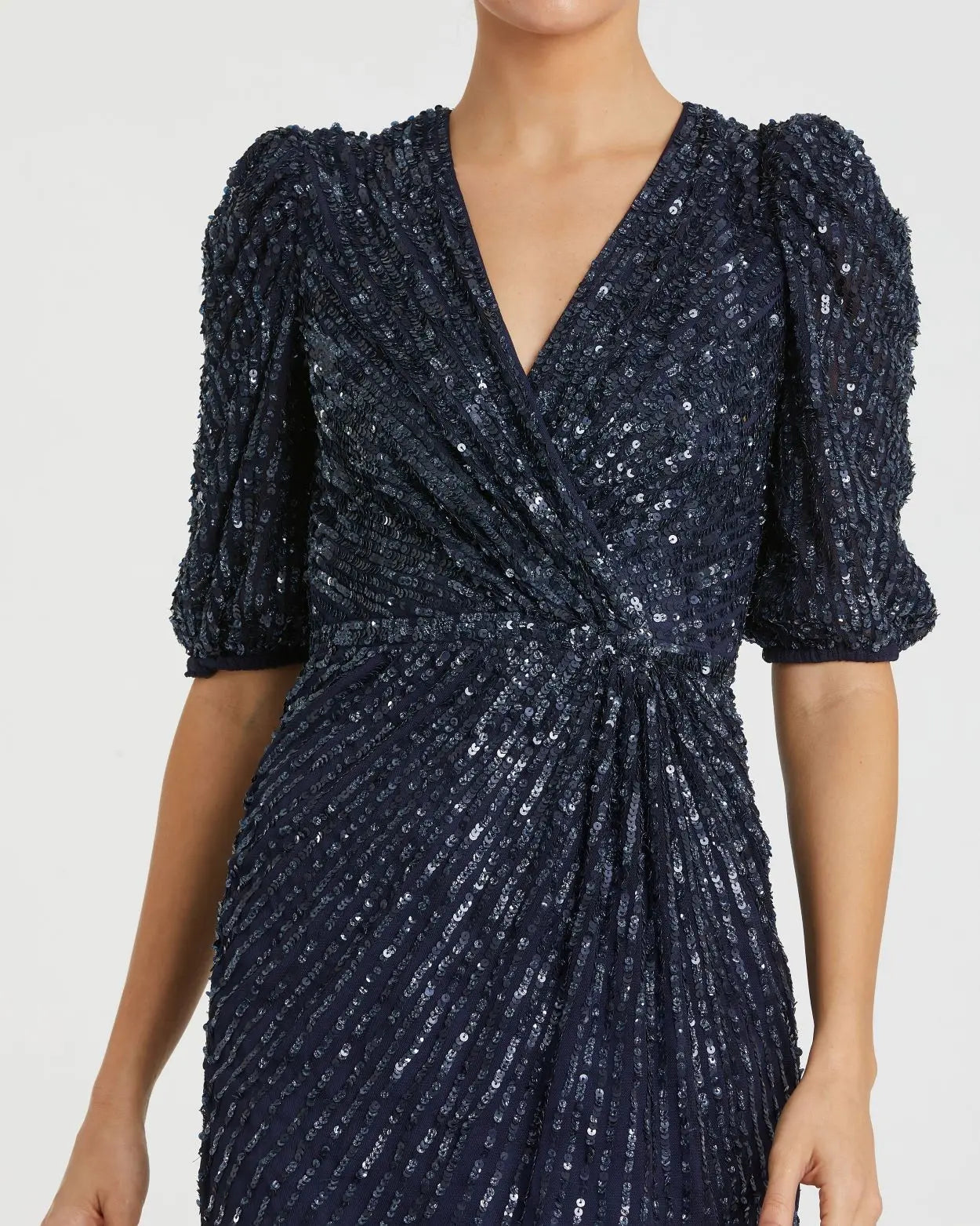 Navy Sequined V-Neck Short Puff Sleeve Midi Dress - FINAL SALE