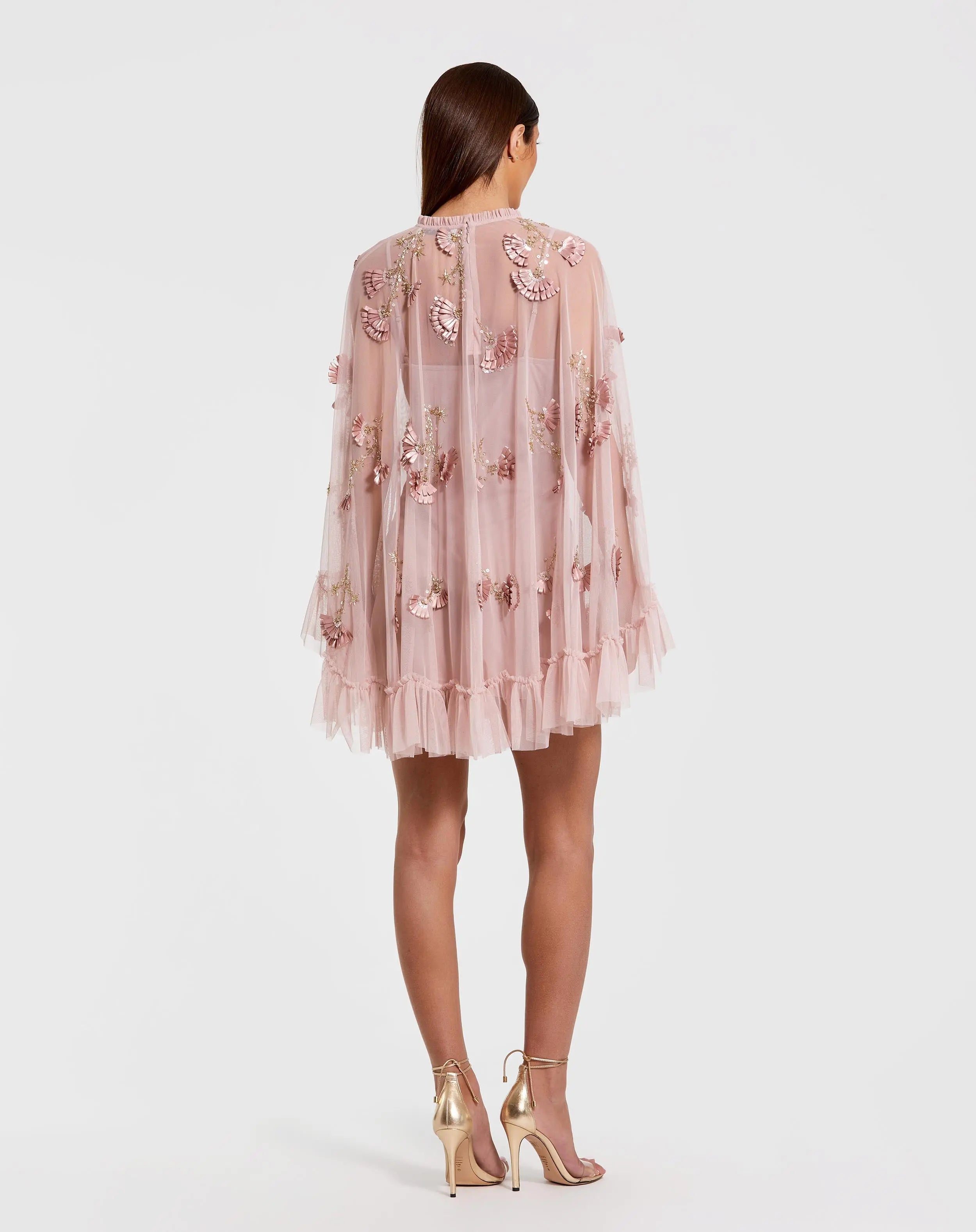 Pink Embellished Long Sleeve Trapeze Dress with Ruffle Hem