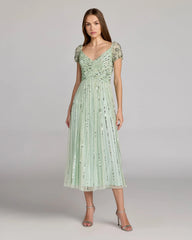 Green Sequin Jeweled V Neck Midi Dress