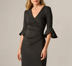 Three Quarter Sleeve Faux Wrap Midi Dress In Black
