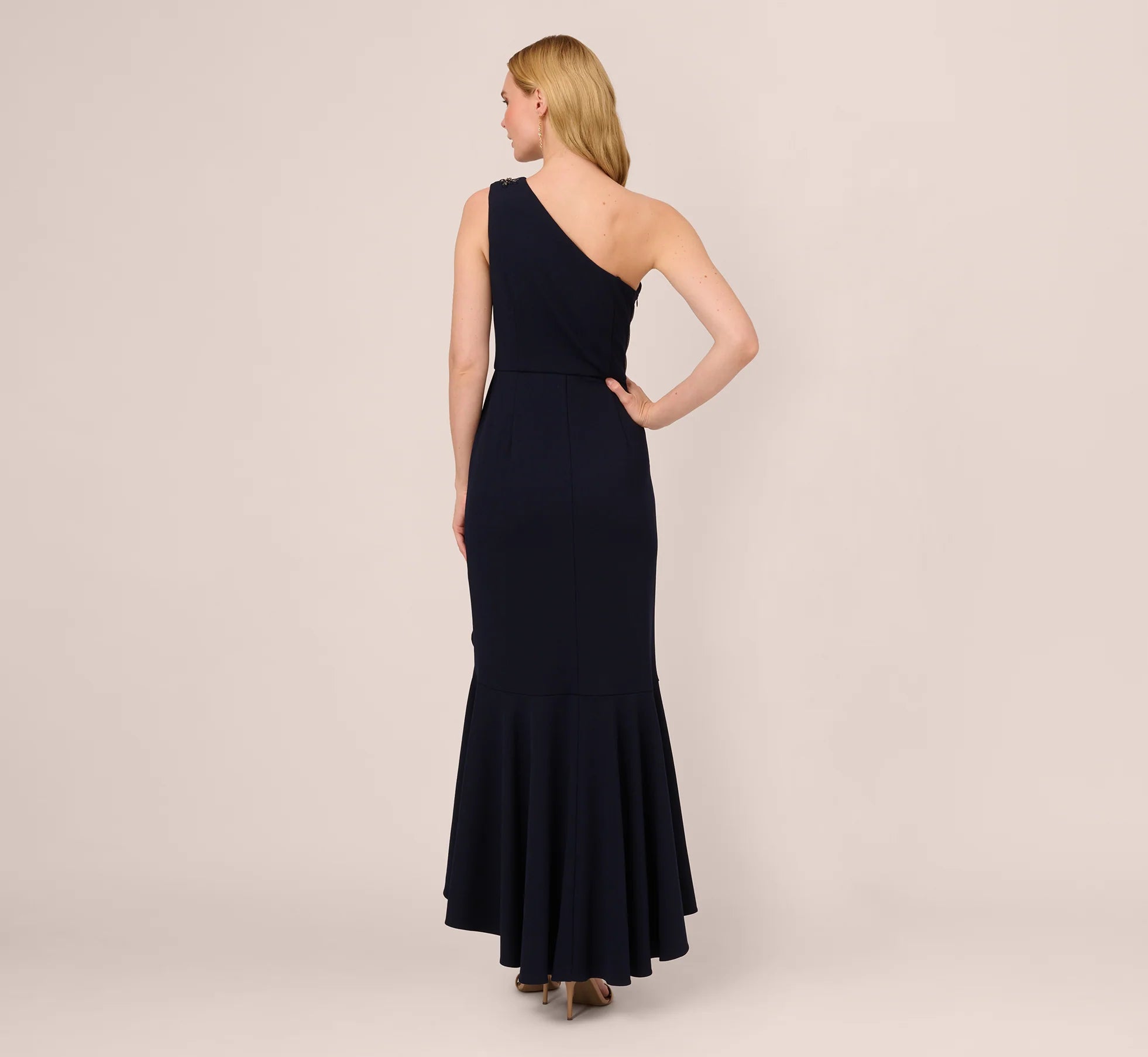 One Shoulder Ruffled Crepe Gown With Beaded Accent In Midnight