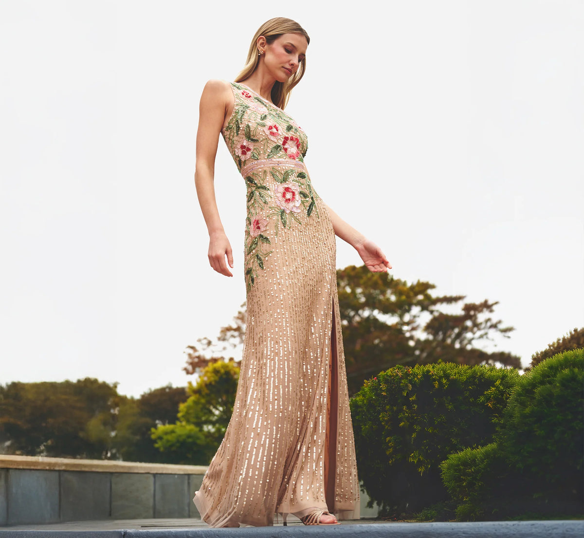One Shoulder Floral Sequin Bead Gown In Nude Multi