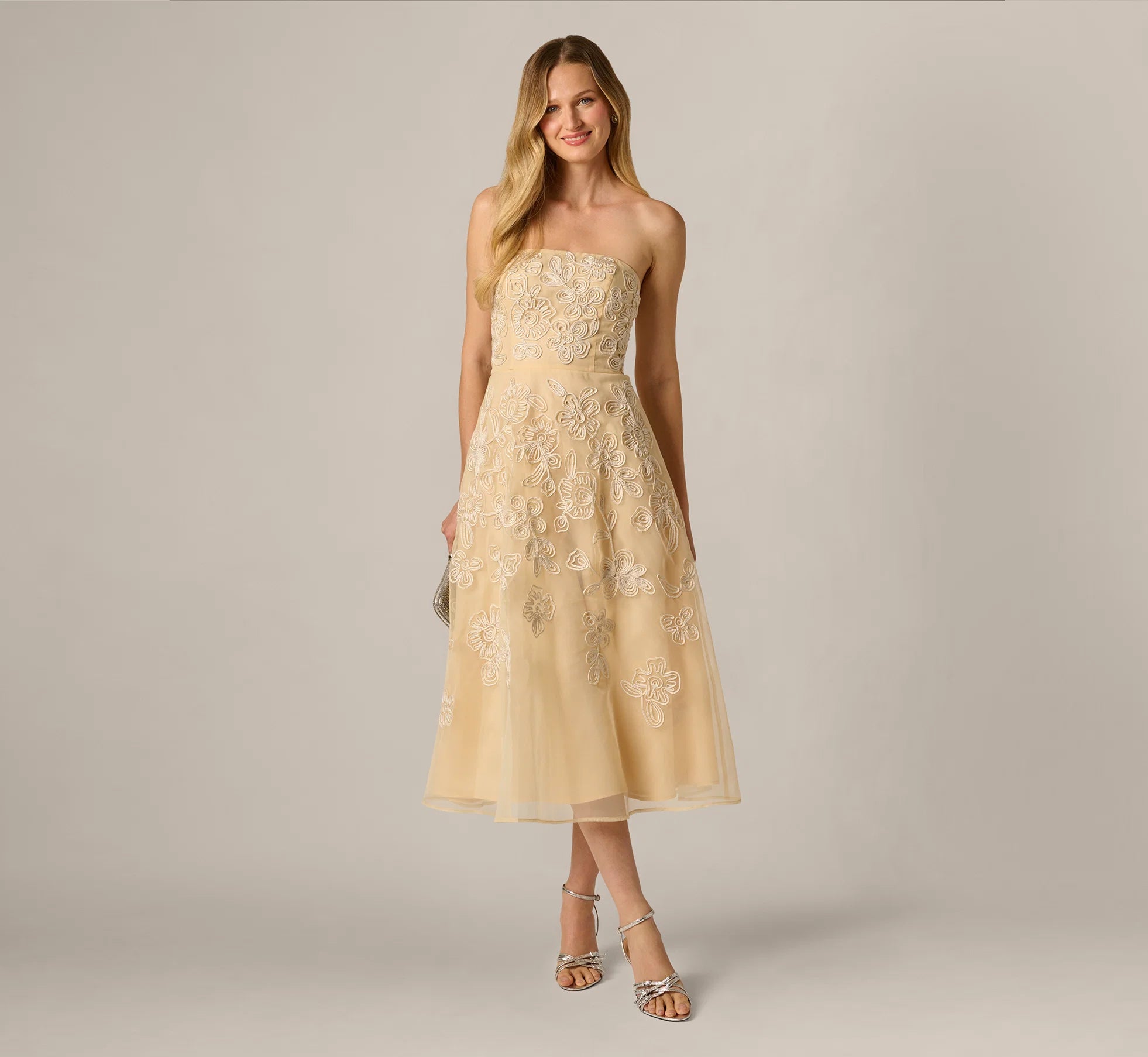 Strapless Floral Embroidered Organza Midi Dress In Maize