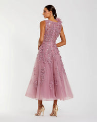 Purple High Neck Embellished Midi Dress with 3D Flower
