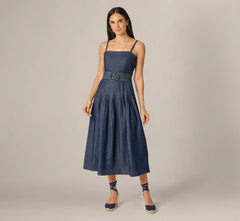 Cotton Denim Drop Waist Belted Midi Dress In Dark Denim