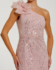 Pink One Shoulder Beaded Mermaid Gown With 3D Flower