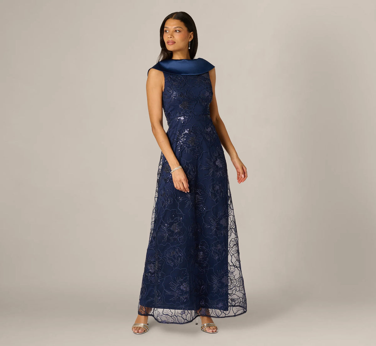 Floral Embroidered Satin Roll Collar Gown In Midnight