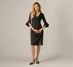 Three Quarter Sleeve Faux Wrap Midi Dress In Black