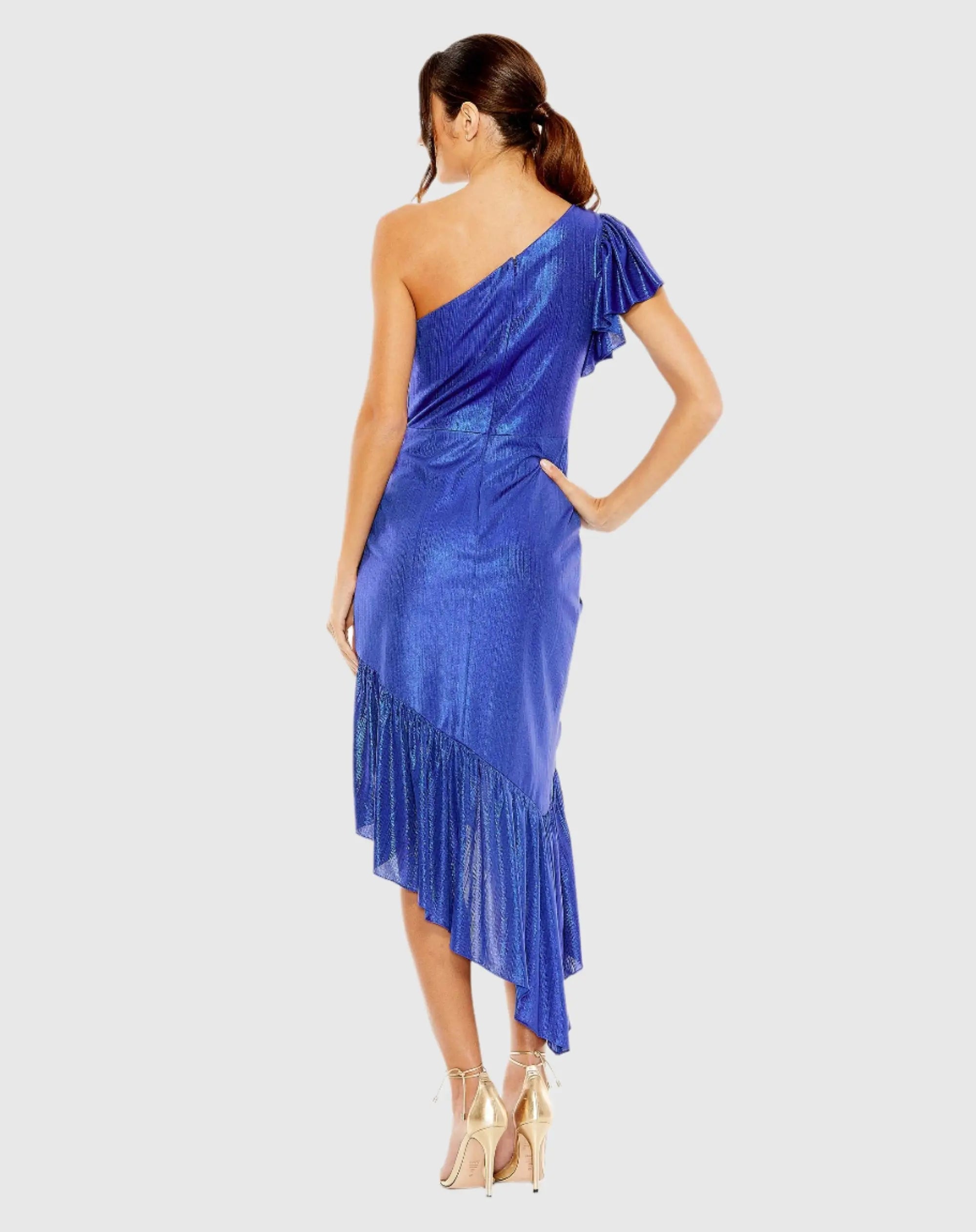 Blue One Shoulder Flutter Sleeve High Low Dress - FINAL SALE